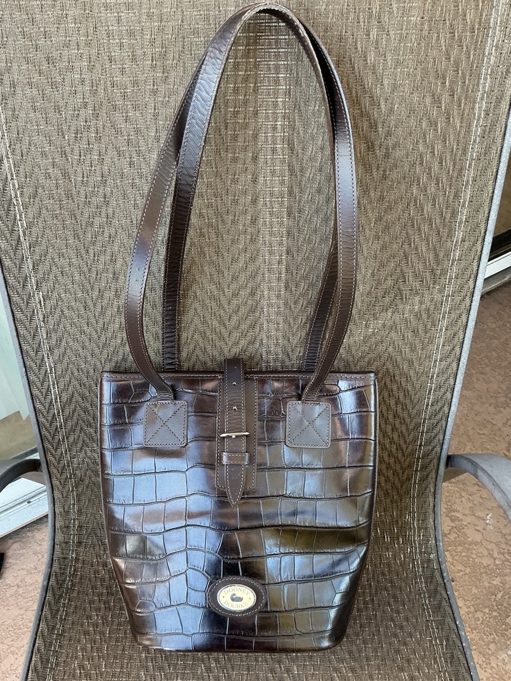 Dooney & Bourke Dark Brown Croc-Embossed Leather Bucket Shoulder Bag